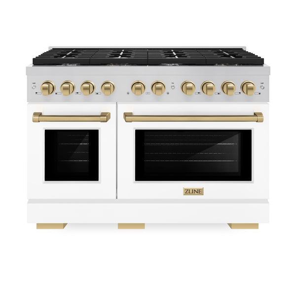 ZLINE Autograph Edition 48 in. 6.7 cu. ft. Paramount Double Oven Dual Fuel Range with 8 Burner Gas Cooktop in Stainless Steel with White Matte Doors and Champagne Bronze/Gold/Matte Black Accents (SDRZ-WM-48)