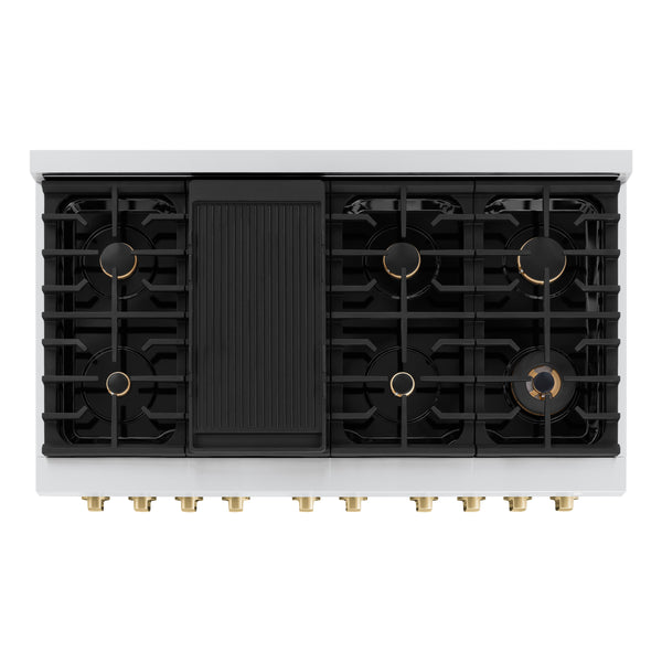 ZLINE Autograph Edition 48 in. 6.7 cu. ft. Paramount Double Oven Dual Fuel Range with 8 Burner Gas Cooktop in Stainless Steel with White Matte Doors and Champagne Bronze/Gold/Matte Black Accents (SDRZ-WM-48)