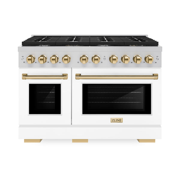 ZLINE Autograph Edition 48 in. 6.7 cu. ft. Paramount Double Oven Dual Fuel Range with 8 Burner Gas Cooktop in Stainless Steel with White Matte Doors and Champagne Bronze/Gold/Matte Black Accents (SDRZ-WM-48)