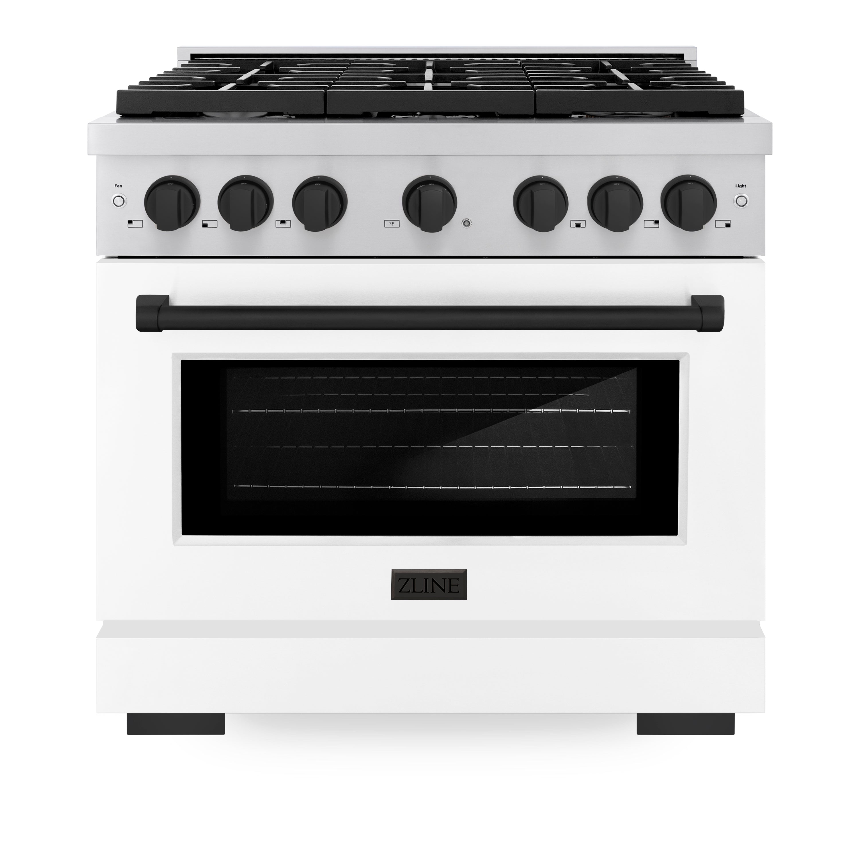 ZLINE Autograph Edition 36 in. 5.2 cu. ft. 6 Burner Gas Range with Convection Gas Oven in Stainless Steel with White Matte Door and Matte Black Accents (SGRZ-WM-36-MB)