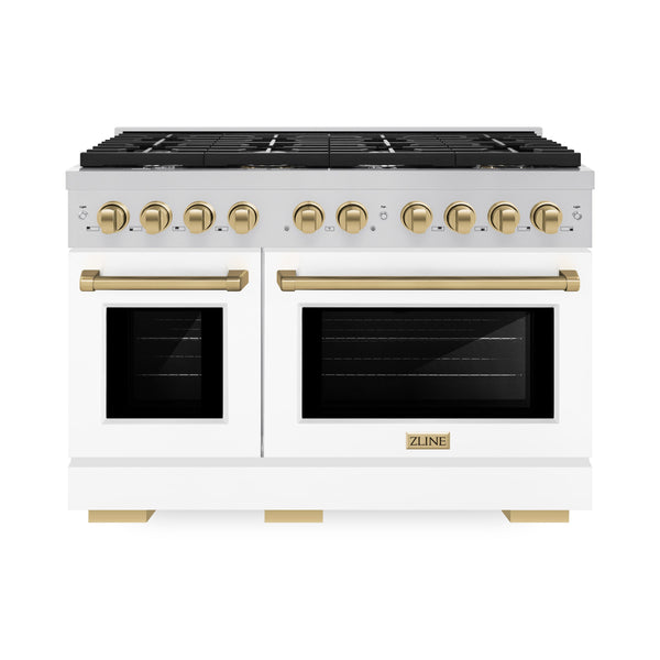 ZLINE Autograph Edition 48 in. 6.7 cu. ft. 8 Burner Double Oven Gas Range in Stainless Steel with White Matte Doors and Champagne Bronze Accents (SGRZ-WM-48-CB)