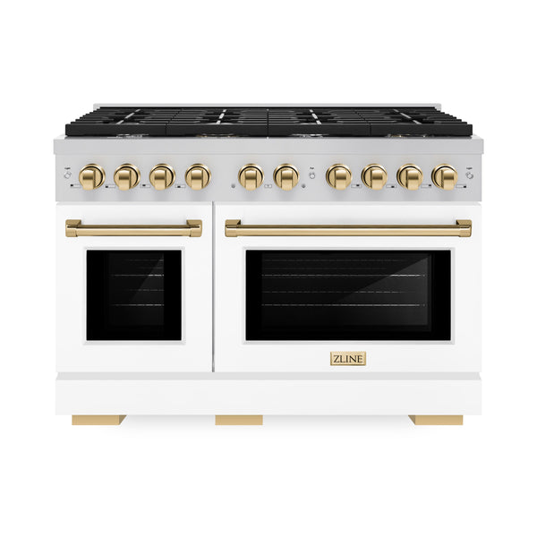 ZLINE Autograph Edition 48 in. 6.7 cu. ft. 8 Burner Double Oven Gas Range in Stainless Steel with White Matte Doors and Polished Gold Accents (SGRZ-WM-48-G)