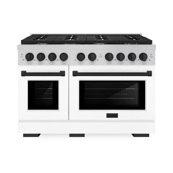 ZLINE Autograph Edition 48 in. 6.7 cu. ft. Paramount Double Oven Gas Range with 8 Burner Cooktop in Stainless Steel with White Matte Doors and Matte Black Accents (SGRZ-WM-48-MB)