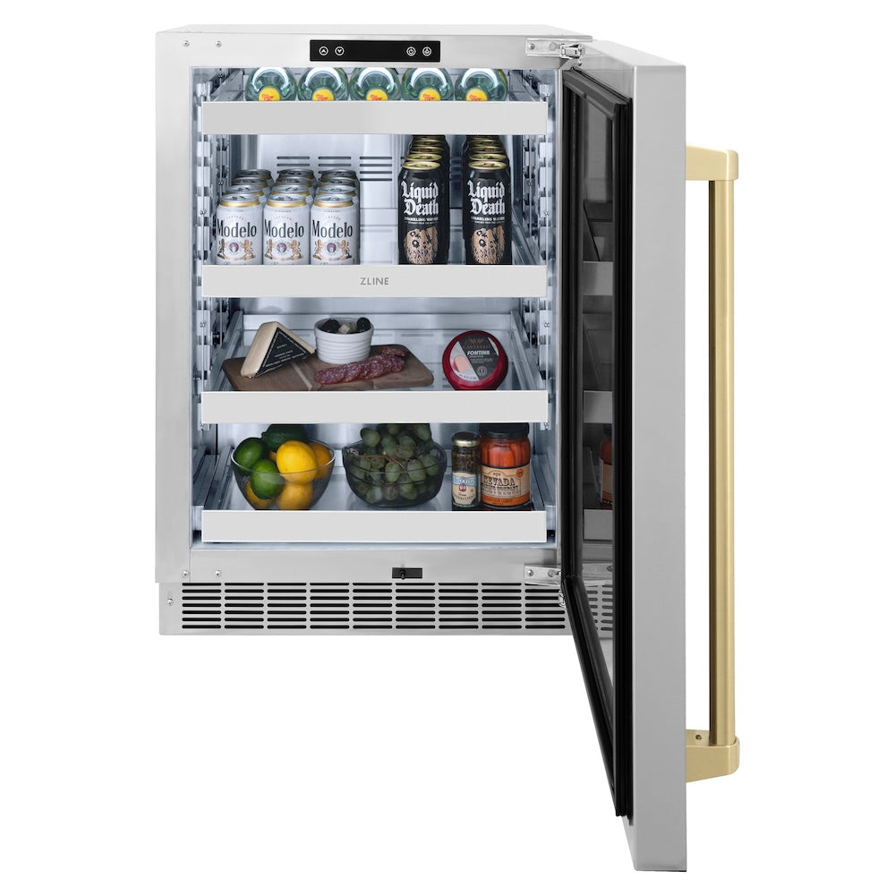 ZLINE Autograph Edition 24 in. Touchstone 151 Can Beverage Fridge With Solid Stainless Steel Door And Polished Gold Handle (RBSOZ-ST-24-G)