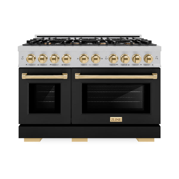 ZLINE Autograph Edition 48 in. 6.7 cu. ft. Select Double Oven Gas Range with 8 Burner Cooktop in DuraSnow® Stainless Steel with Black Matte Doors and Polished Gold Accents (HGRSZ-BLM-48-G)