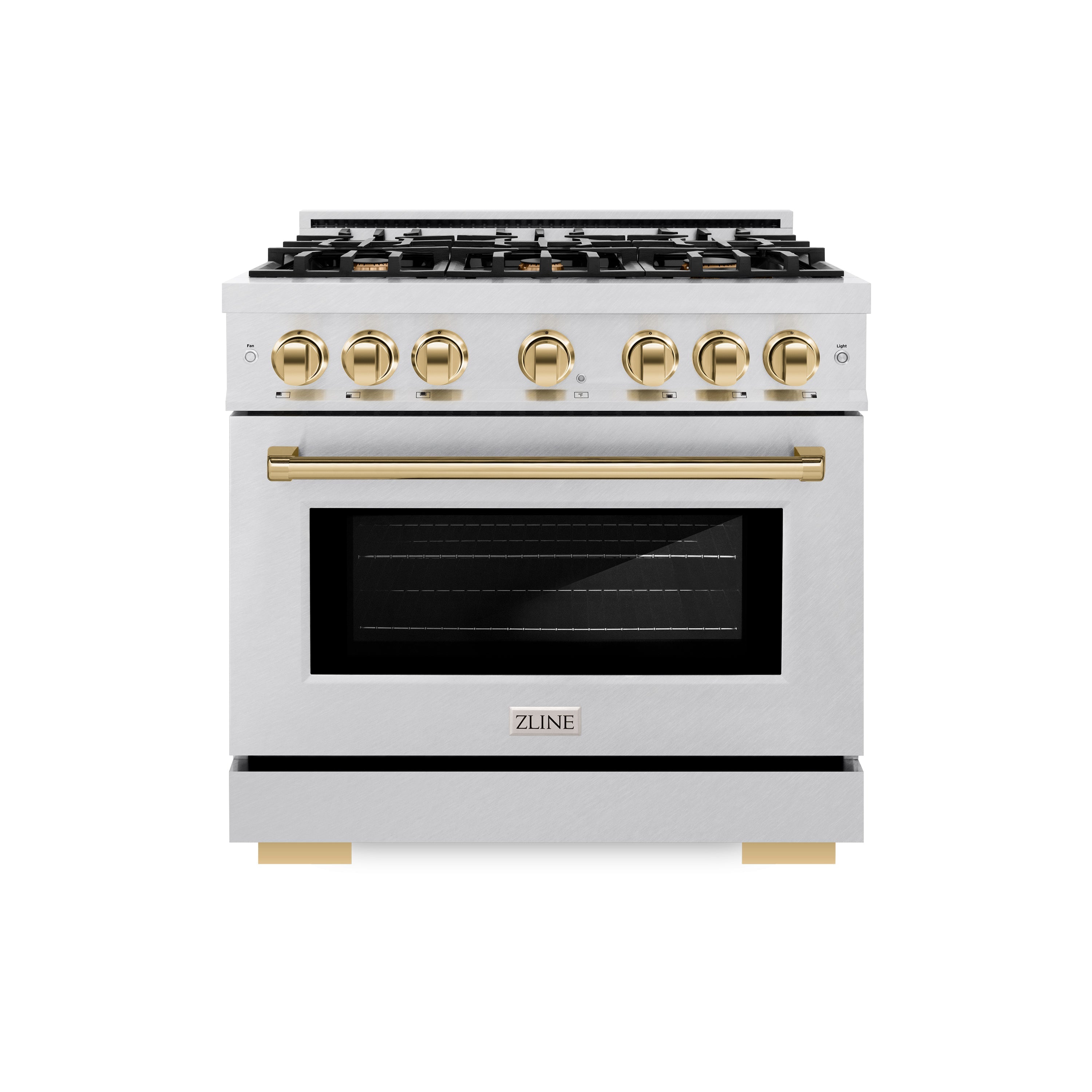 ZLINE Autograph Edition 36 in. 5.2 cu. ft. Select Dual Fuel Range with 6 Burner Gas Cooktop and Electric Convection Oven in DuraSnow® Stainless Steel with Polished Gold Accents (HDRSZ-36-G)