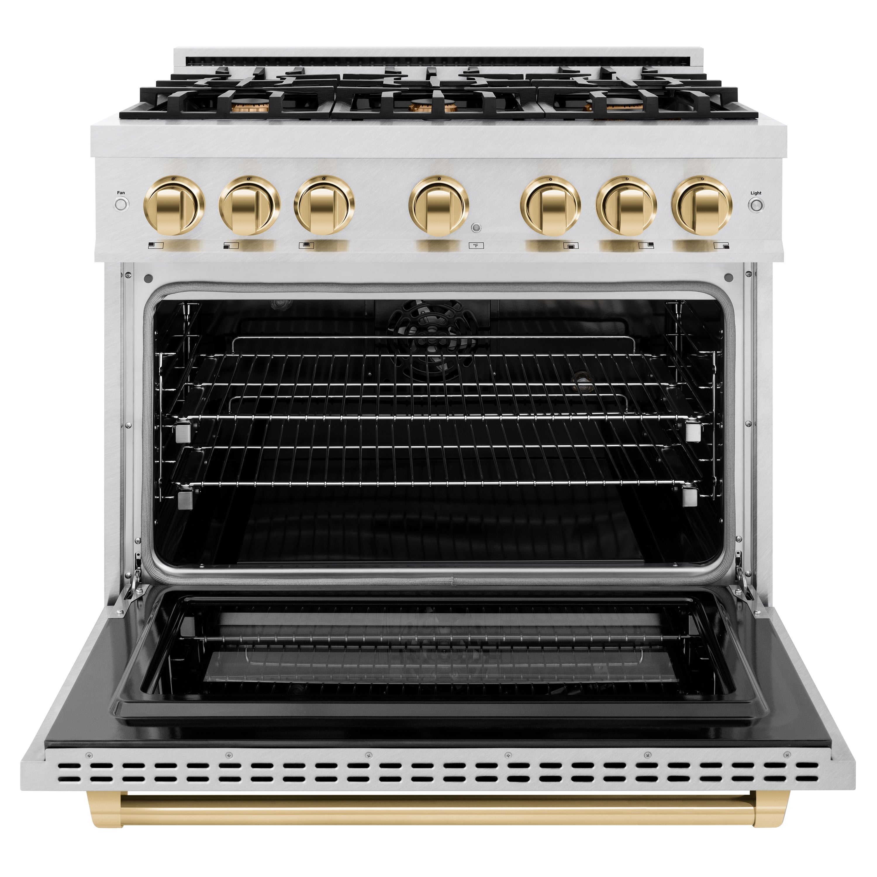 ZLINE Autograph Edition 36 in. 5.2 cu. ft. Select Dual Fuel Range with 6 Burner Gas Cooktop and Electric Convection Oven in DuraSnow® Stainless Steel with Polished Gold Accents (HDRSZ-36-G)