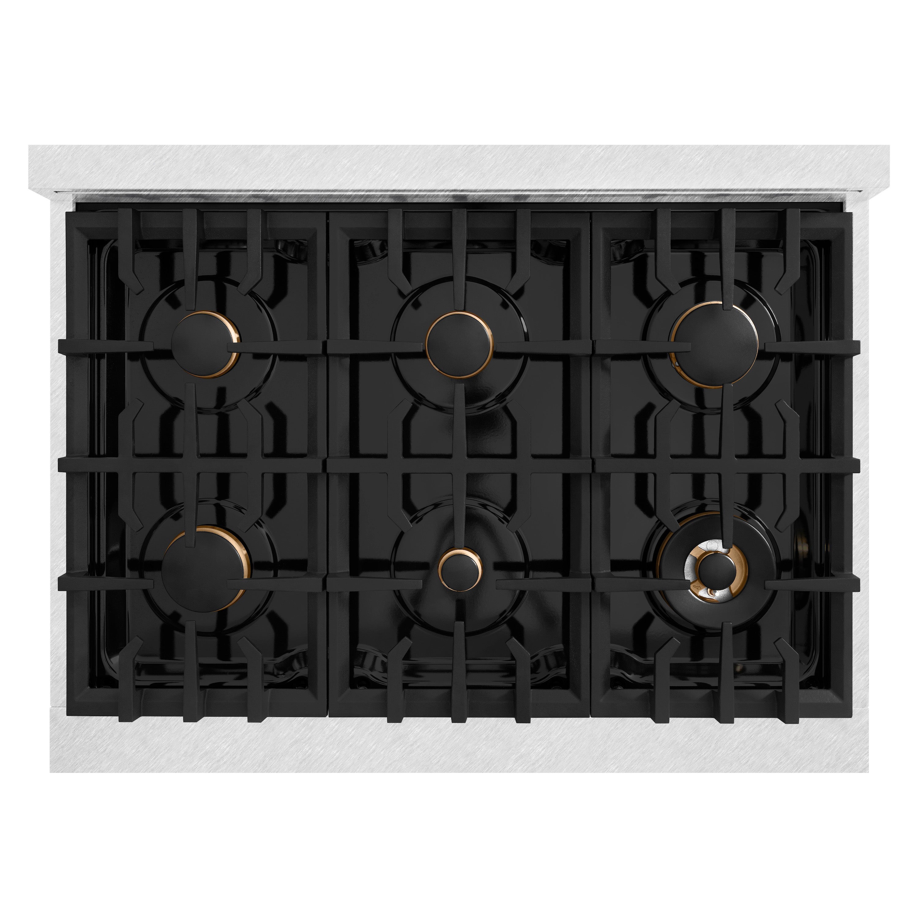 ZLINE Autograph Edition 36 in. 5.2 cu. ft. Select Dual Fuel Range with 6 Burner Gas Cooktop and Electric Convection Oven in DuraSnow® Stainless Steel with Polished Gold Accents (HDRSZ-36-G)