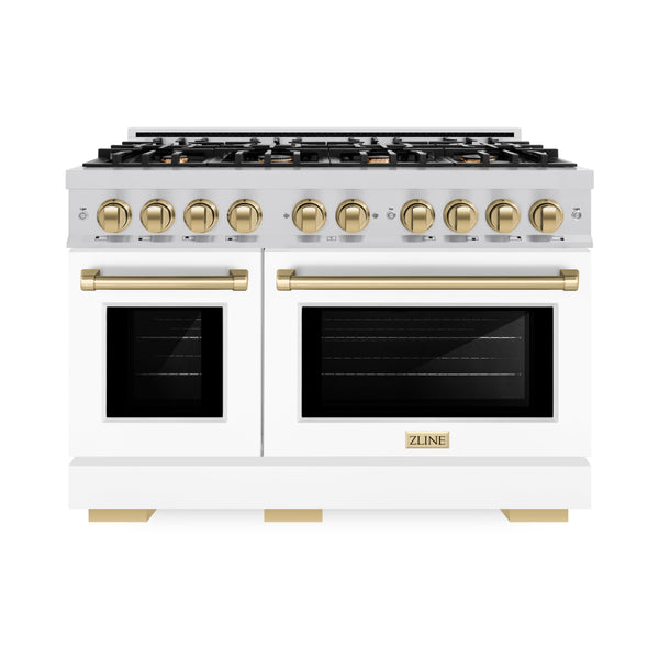 ZLINE Autograph Edition 48 in. 6.7 cu. ft. Select Double Oven Dual Fuel Range with 8 Burner Gas Cooktop in DuraSnow® Stainless Steel with White Matte Doors and Champagne Bronze Accents (HDRSZ-WM-48-CB)