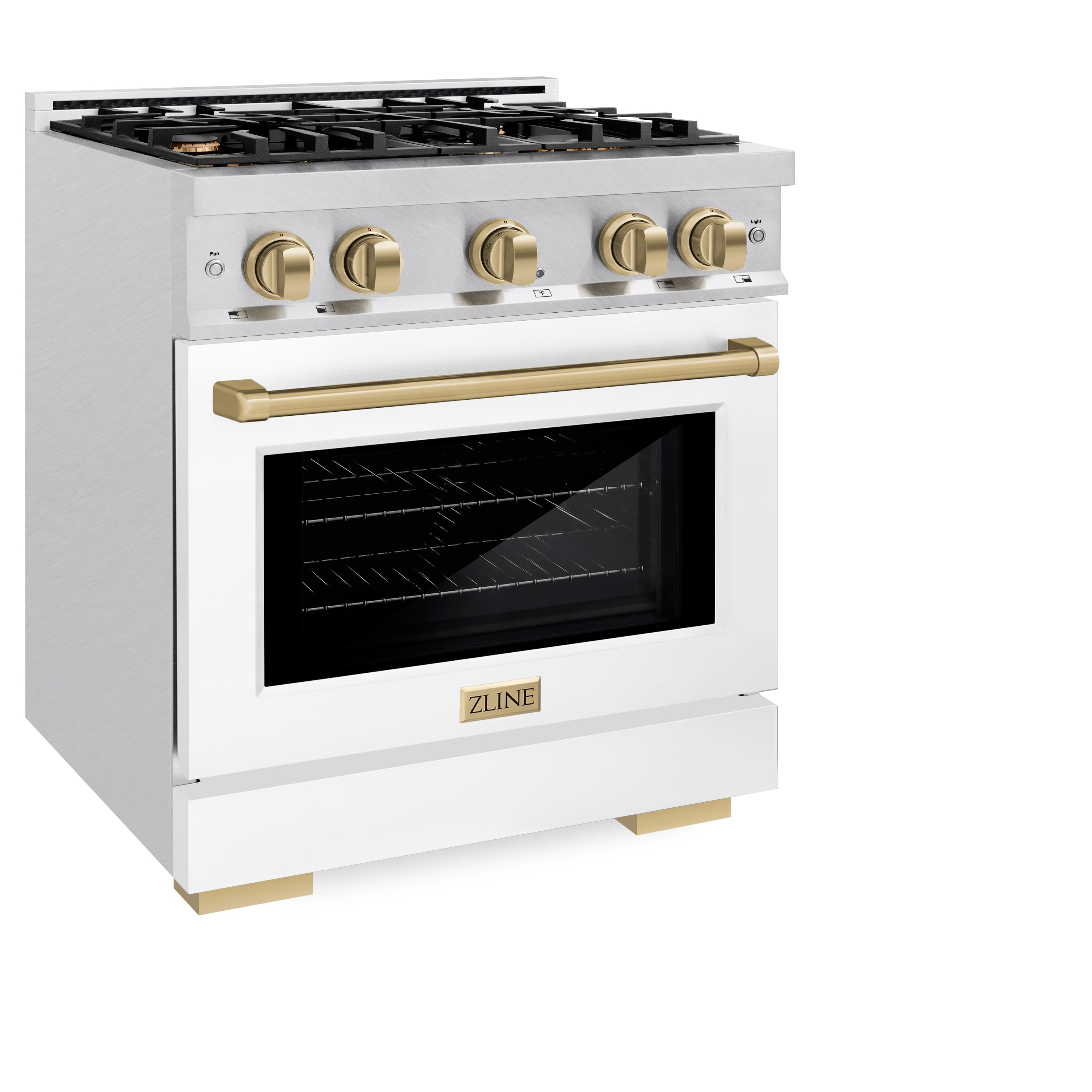 ZLINE Autograph Edition 30 in. 4.2 cu. ft. Select Dual Fuel Range with 4 Burner Gas Cooktop and Electric Convection Oven in DuraSnow® Stainless Steel with White Matte Door and Champagne Bronze Accents (HDRSZ-WM-30-CB)