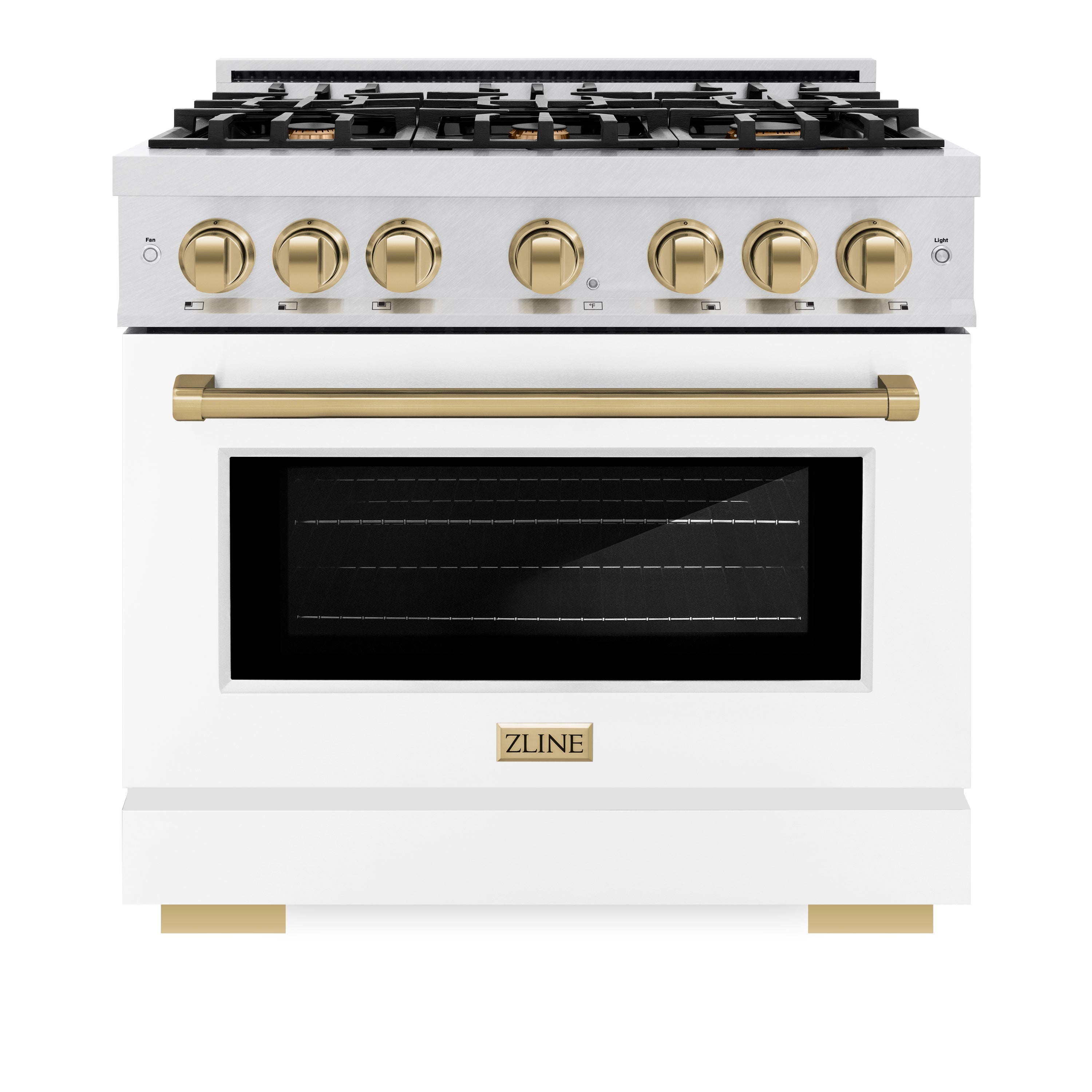 ZLINE Autograph Edition 36 in. 5.2 cu. ft. Select Dual Fuel Range with 6 Burner Gas Cooktop and Electric Convection Oven in DuraSnow® Stainless Steel with White Matte Door and Champagne Bronze Accents (HDRSZ-WM-36-CB)