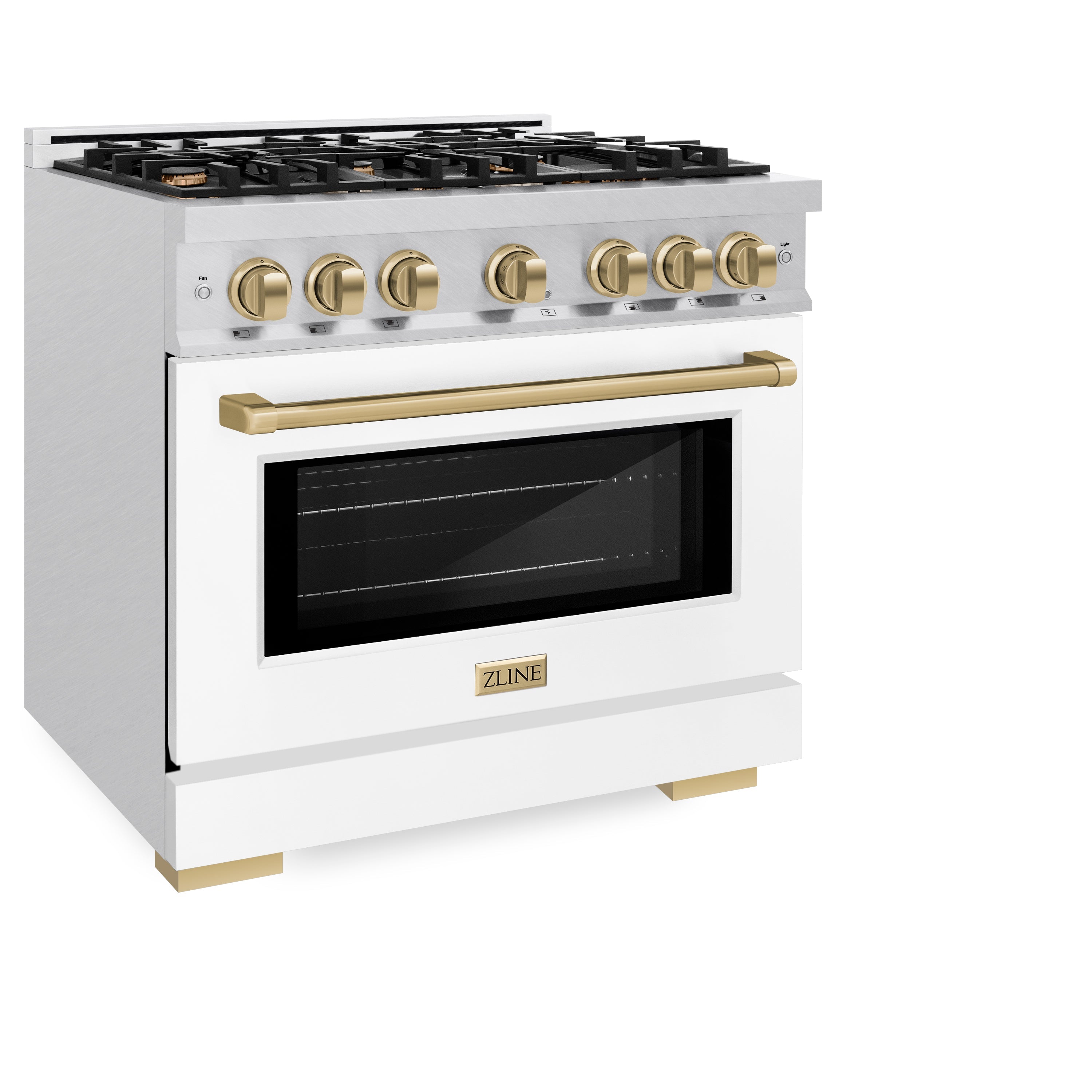 ZLINE Autograph Edition 36 in. 5.2 cu. ft. Select Dual Fuel Range with 6 Burner Gas Cooktop and Electric Convection Oven in DuraSnow® Stainless Steel with White Matte Door and Champagne Bronze Accents (HDRSZ-WM-36-CB)