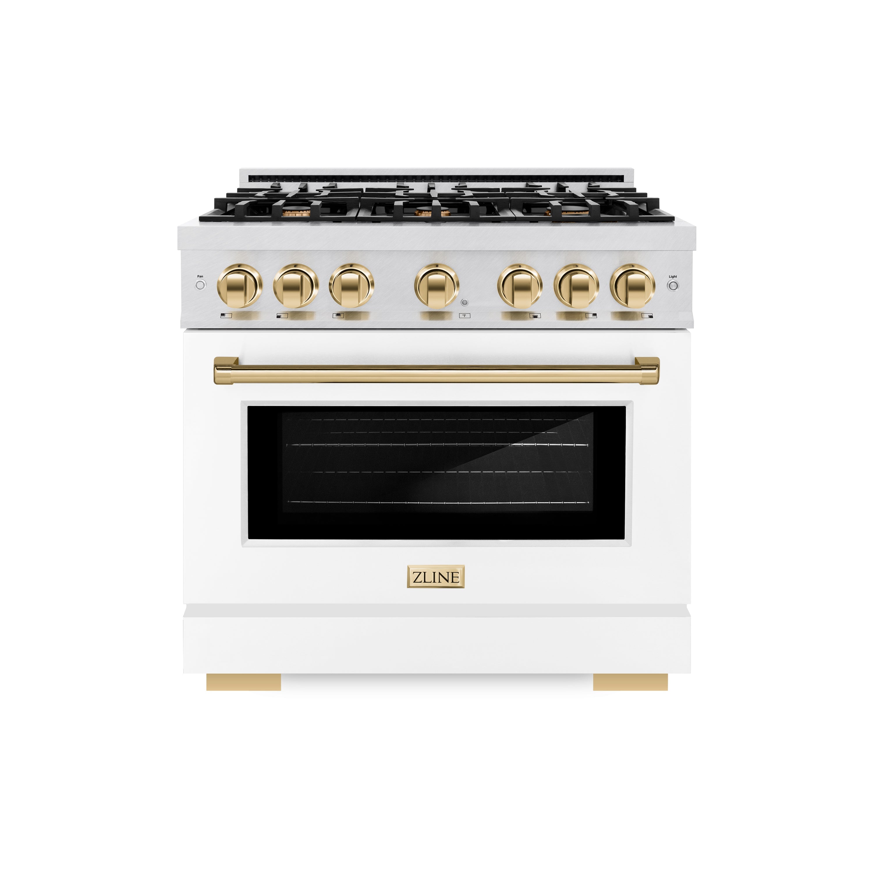 ZLINE Autograph Edition 36 in. 5.2 cu. ft. Select Dual Fuel Range with 6 Burner Gas Cooktop and Electric Convection Oven in DuraSnow® Stainless Steel with White Matte Door and Polished Gold Accents (HDRSZ-WM-36-G)