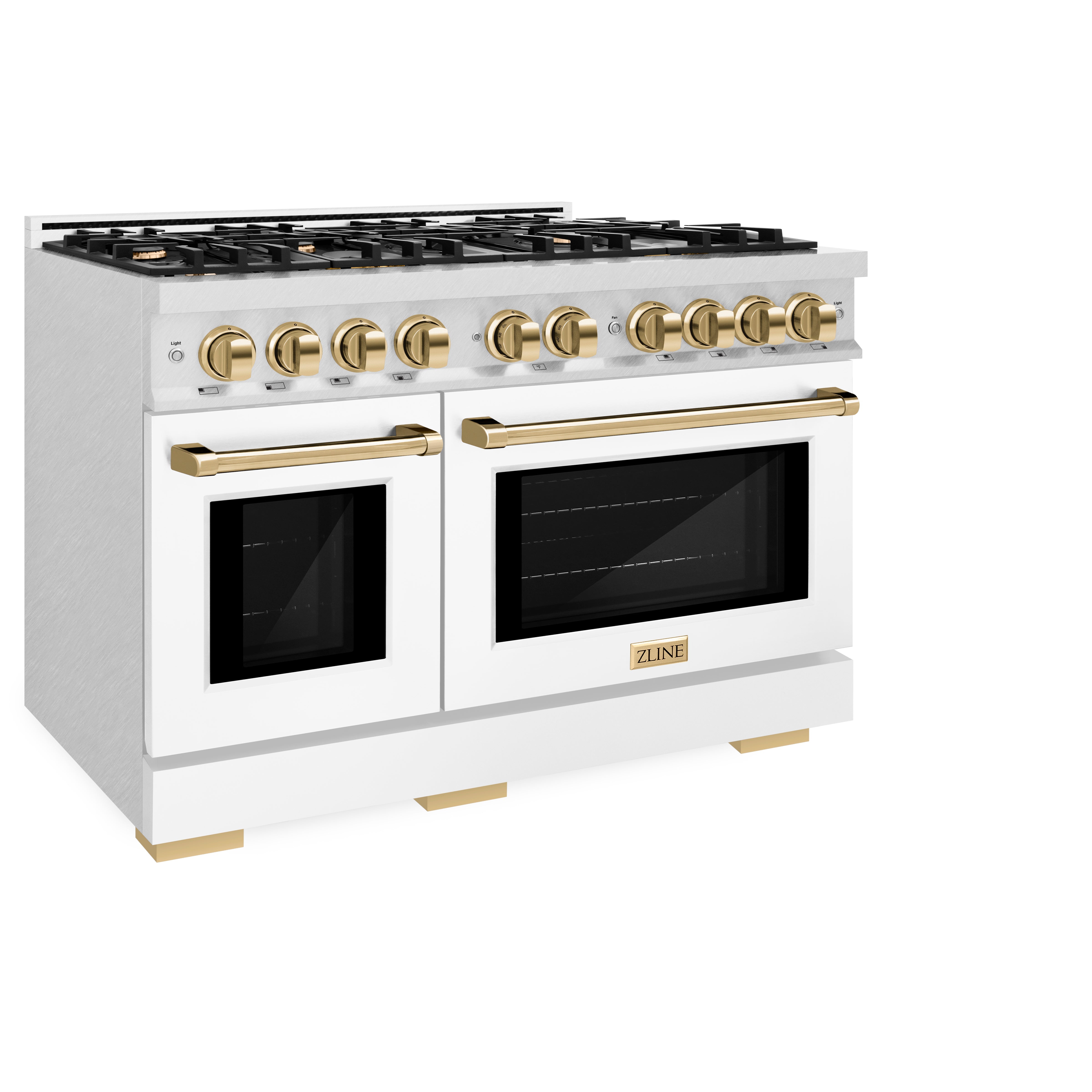 ZLINE Autograph Edition 48 in. 6.7 cu. ft. Select Double Oven Gas Range with 8 Burner Cooktop in DuraSnow® Stainless Steel with White Matte Doors and Polished Gold Accents (HGRSZ-WM-48-G)