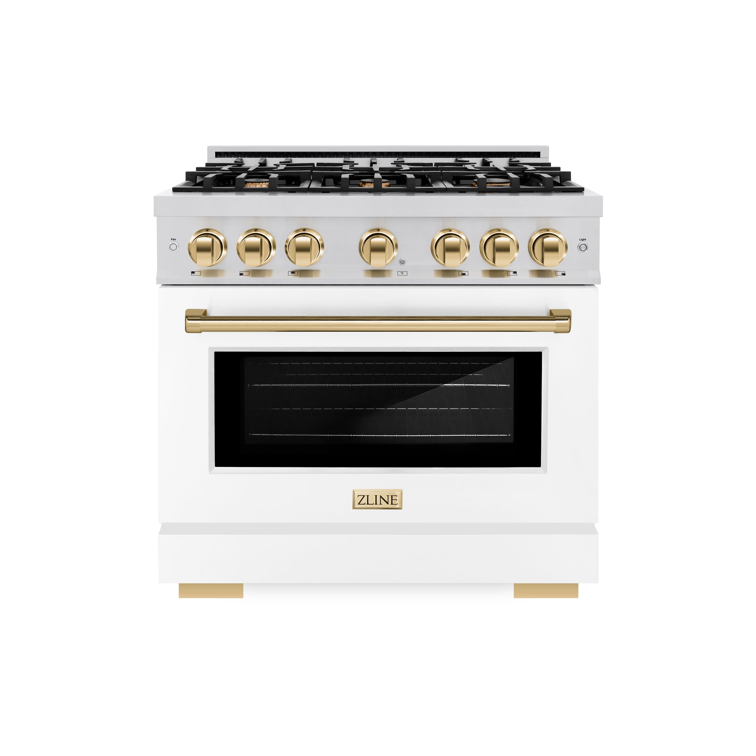 ZLINE Autograph Edition 36 in. 5.2 cu. ft. Select Dual Fuel Range with 6 Burner Gas Cooktop and Electric Convection Oven in Stainless Steel with White Matte Door and Polished Gold Accents (HDRZ-WM-36-G)