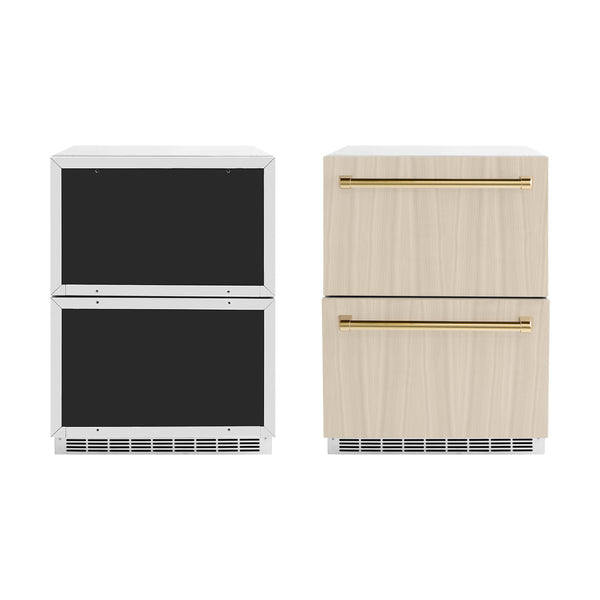 ZLINE Autograph Edition 24 in. Touchstone 168 Can Outdoor-Rated Dual Refrigerator Drawer with Panel-Ready Doors and Polished Gold Handles (RDSPOZ-24-G)