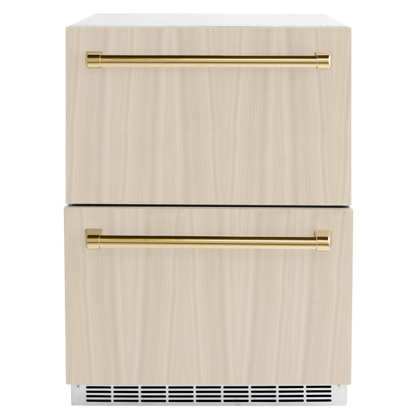 ZLINE Autograph Edition 24 in. Touchstone 168 Can Outdoor-Rated Dual Refrigerator Drawer with Panel-Ready Doors and Polished Gold Handles (RDSPOZ-24-G)