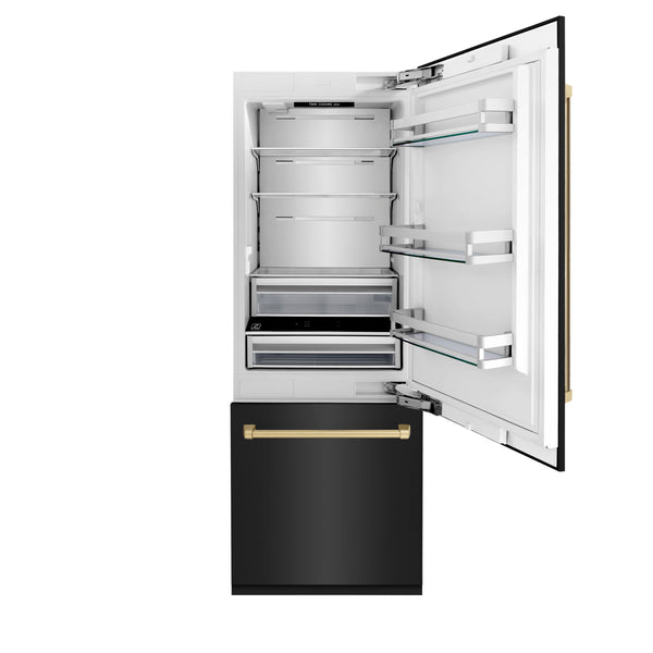 ZLINE 30" Autograph Edition 16.1 cu. ft. Built-in 2-Door Bottom Freezer Refrigerator with Internal Water and Ice Dispenser in Black Stainless Steel with Champagne Bronze Accents (RBIVZ-BS-30-CB)