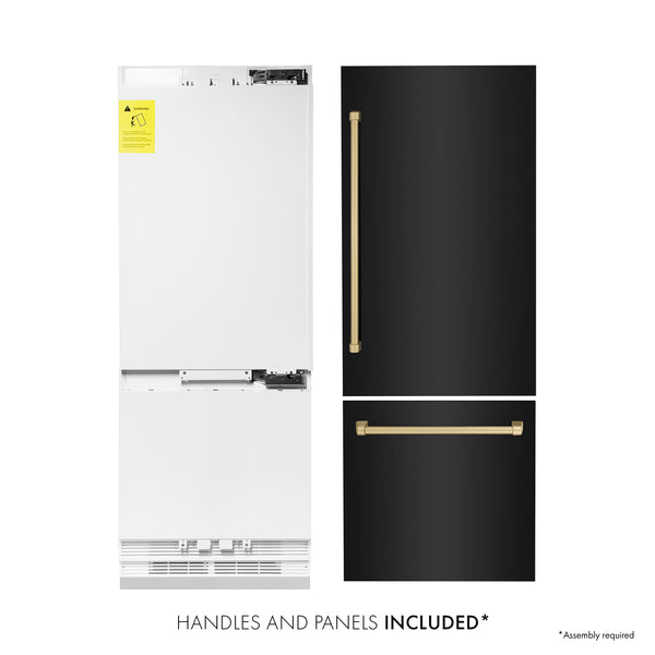 ZLINE 30" Autograph Edition 16.1 cu. ft. Built-in 2-Door Bottom Freezer Refrigerator with Internal Water and Ice Dispenser in Black Stainless Steel with Champagne Bronze Accents (RBIVZ-BS-30-CB)