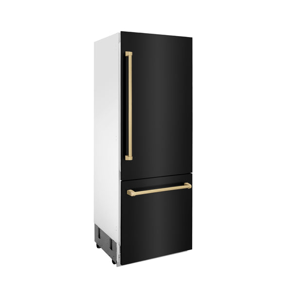 ZLINE 30" Autograph Edition 16.1 cu. ft. Built-in 2-Door Bottom Freezer Refrigerator with Internal Water and Ice Dispenser in Black Stainless Steel with Champagne Bronze Accents (RBIVZ-BS-30-CB)