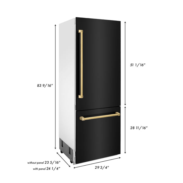 ZLINE 30" Autograph Edition 16.1 cu. ft. Built-in 2-Door Bottom Freezer Refrigerator with Internal Water and Ice Dispenser in Black Stainless Steel with Gold Accents (RBIVZ-BS-30-G)