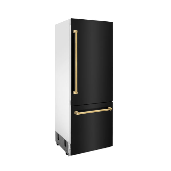 ZLINE 30" Autograph Edition 16.1 cu. ft. Built-in 2-Door Bottom Freezer Refrigerator with Internal Water and Ice Dispenser in Black Stainless Steel with Gold Accents (RBIVZ-BS-30-G)