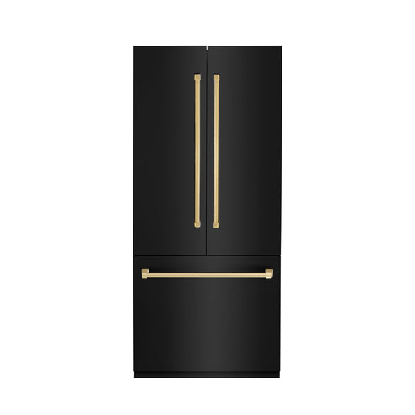 ZLINE 36" Autograph Edition 19.6 cu. ft. Built-in 3-DoorFrench Door Refrigerator with Internal Water and Ice Dispenser in Black Stainless Steel with Gold Accents (RBIVZ-BS-36-G)