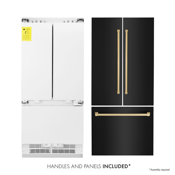 ZLINE 36" Autograph Edition 19.6 cu. ft. Built-in 3-DoorFrench Door Refrigerator with Internal Water and Ice Dispenser in Black Stainless Steel with Gold Accents (RBIVZ-BS-36-G)