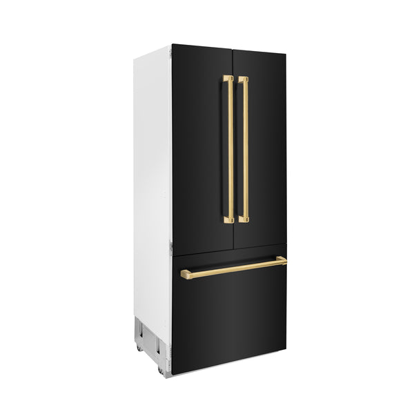 ZLINE 36" Autograph Edition 19.6 cu. ft. Built-in 3-DoorFrench Door Refrigerator with Internal Water and Ice Dispenser in Black Stainless Steel with Gold Accents (RBIVZ-BS-36-G)