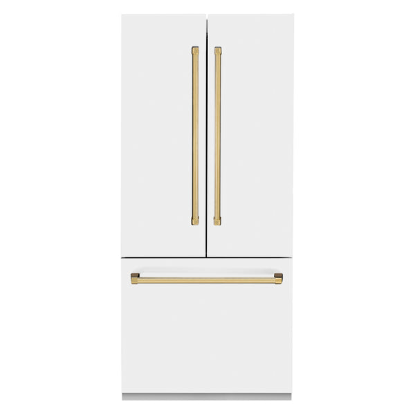 ZLINE 36 in. Autograph Edition 19.6 cu. ft. Built-in 2-Door Bottom Freezer Refrigerator with Internal Water and Ice Dispenser in White Matte with Gold Accents (RBIVZ-WM-36-G)