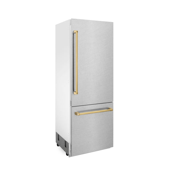 ZLINE 30" Autograph Edition 16.1 cu. ft. Built-in 2-Door Bottom Freezer Refrigerator with Internal Water and Ice Dispenser in Fingerprint Resistant Stainless Steel with Gold Accents (RBIVZ-SN-30-G)