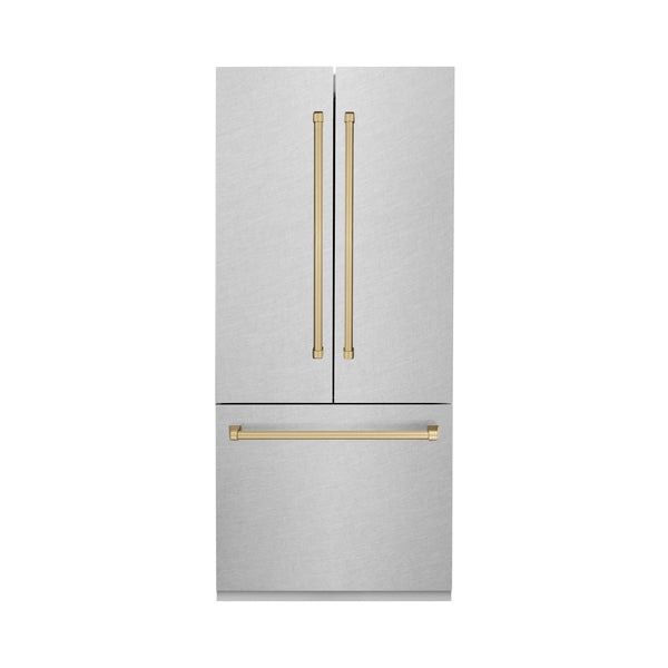 ZLINE 36" Autograph Edition 16.1 cu. ft. Built-in 2-Door Bottom Freezer Refrigerator with Internal Water and Ice Dispenser in Fingerprint Resistant Stainless Steel with Champagne Bronze Accents (RBIVZ-SN-36-CB)