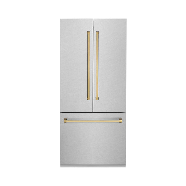 ZLINE 36" Autograph Edition 19.6 cu. ft. Built-in 3-Door French Door Refrigerator with Internal Water and Ice Dispenser in Fingerprint Resistant Stainless Steel with Gold Accents (RBIVZ-SN-36-G)