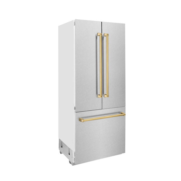 ZLINE 36" Autograph Edition 19.6 cu. ft. Built-in 3-Door French Door Refrigerator with Internal Water and Ice Dispenser in Fingerprint Resistant Stainless Steel with Gold Accents (RBIVZ-SN-36-G)