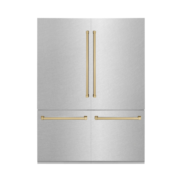 ZLINE 60" Autograph Edition 32.2 cu. ft. Built-in 4-Door French Door Refrigerator with Internal Water and Ice Dispenser in Fingerprint Resistant Stainless Steel with Champagne Bronze Accents (RBIVZ-SN-60-CB)