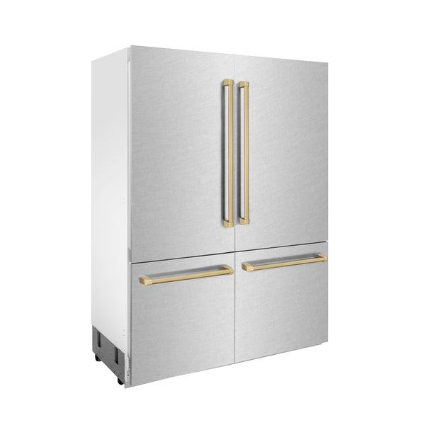 ZLINE 60" Autograph Edition 32.2 cu. ft. Built-in 4-Door French Door Refrigerator with Internal Water and Ice Dispenser in Fingerprint Resistant Stainless Steel with Champagne Bronze Accents (RBIVZ-SN-60-CB)