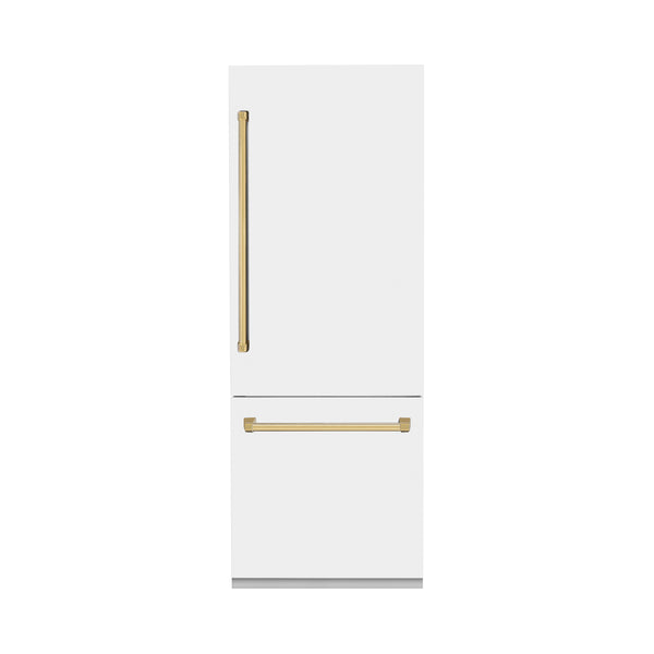 ZLINE 30 in. Autograph Edition 16.1 cu. ft. Built-in 2-Door Bottom Freezer Refrigerator with Internal Water and Ice Dispenser in White Matte with Gold Accents (RBIVZ-WM-30-G)