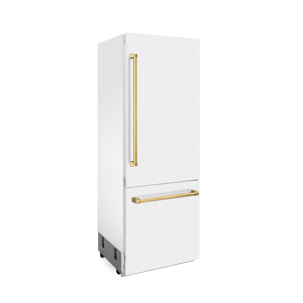 ZLINE 30 in. Autograph Edition 16.1 cu. ft. Built-in 2-Door Bottom Freezer Refrigerator with Internal Water and Ice Dispenser in White Matte with Gold Accents (RBIVZ-WM-30-G)