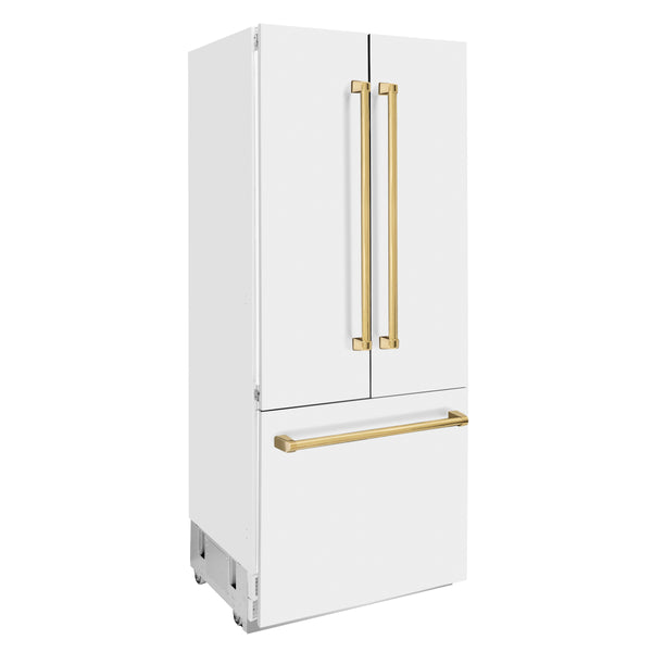 ZLINE 36 in. Autograph Edition 19.6 cu. ft. Built-in 2-Door Bottom Freezer Refrigerator with Internal Water and Ice Dispenser in White Matte with Gold Accents (RBIVZ-WM-36-G)