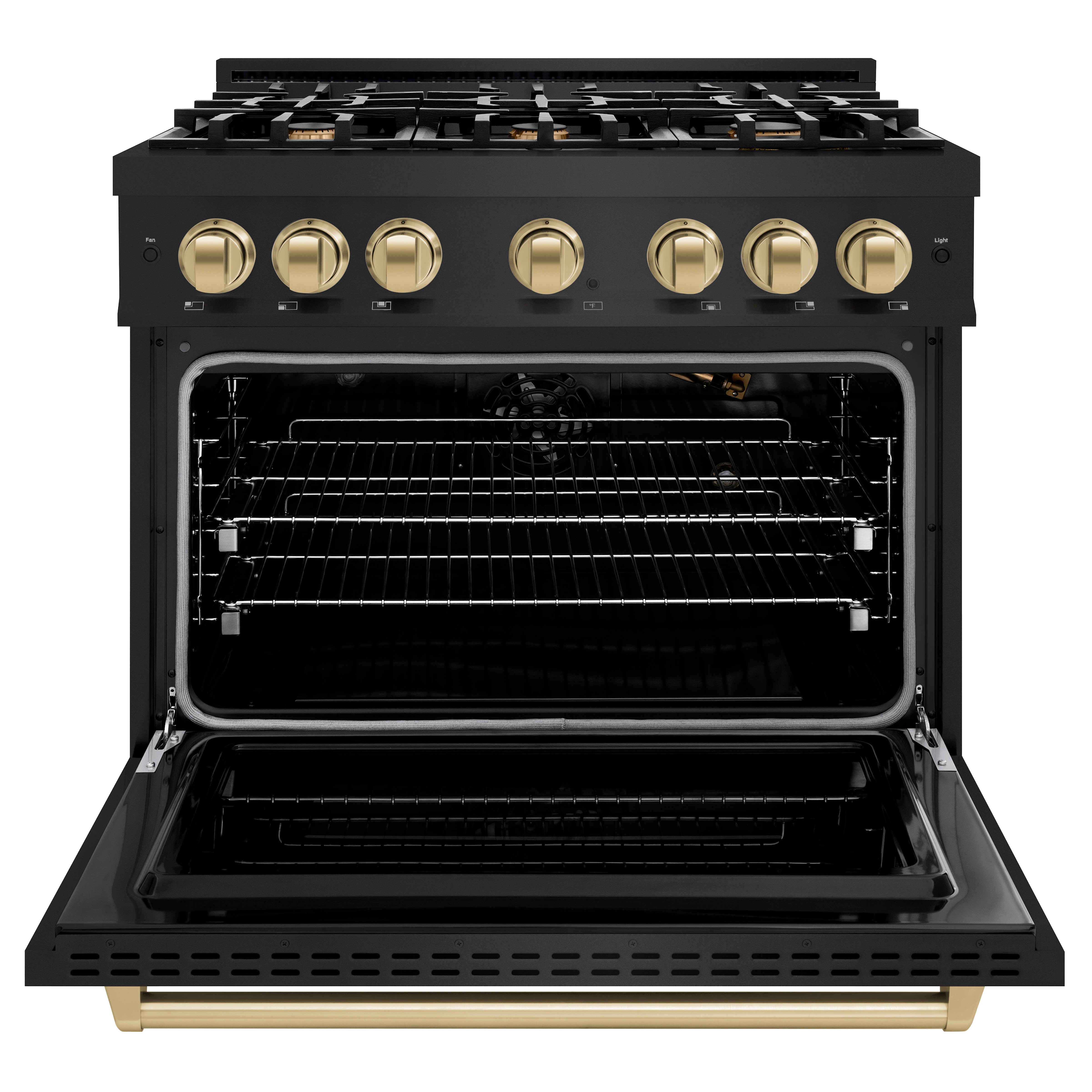 ZLINE Autograph Edition 36 in. 5.2 cu. ft. Classic Gas Range with 6 Burner Cooktop and Convection Gas Oven in Black Stainless Steel and Champagne Bronze Accents (CGRBZ-36-CB)