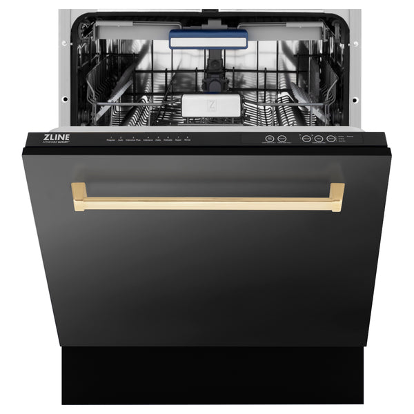 ZLINE Appliances 48" Autograph Edition Kitchen Package with Black Stainless Steel Dual Fuel Range, Range Hood and Dishwasher with Gold Accents (3AKP-RABRHDWV48-G)