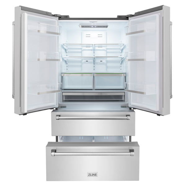 ZLINE Kitchen Package with Refrigeration, 36 in. Stainless Steel Gas Rangetop, 36 in. Convertible Vent Range Hood, 30 in. Double Wall Oven, and 24 in. Tall Tub Dishwasher (5KPR-RTRH36-AWDDWV)