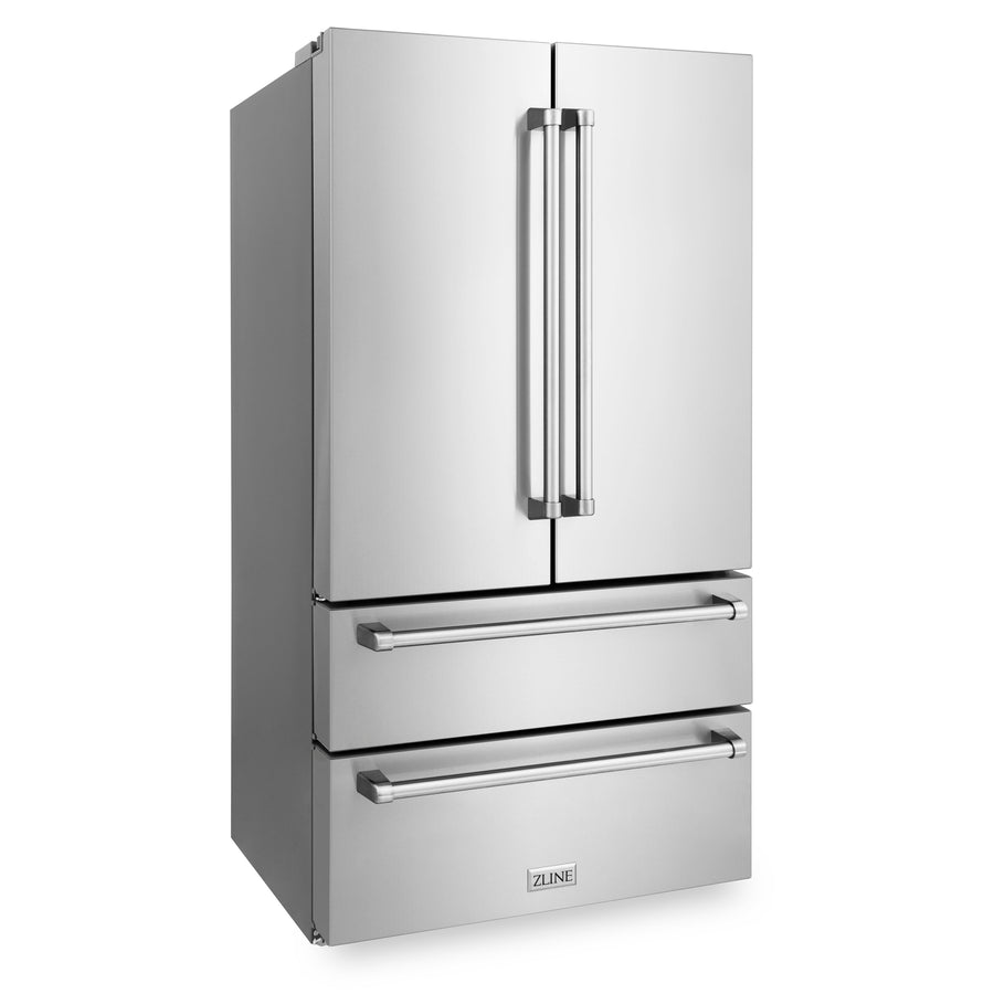 ZLINE Kitchen Package with Refrigeration, 36" Stainless Steel Dual Fuel Range, 36" Range Hood, Microwave Drawer, and 24" Tall Tub Dishwasher (5KPR-RARH36-MWDWV)