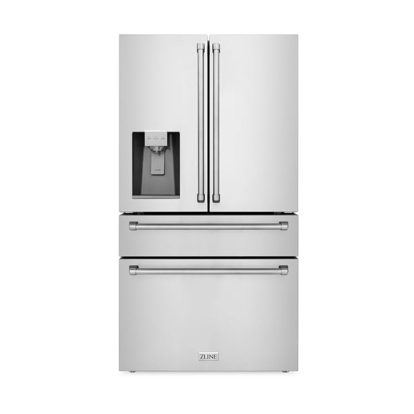 ZLINE Kitchen Package with Water and Ice Dispenser Refrigerator, 36" Dual Fuel Range, 36" Range Hood, Microwave Drawer, and 24" Tall Tub Dishwasher (5KPRW-RARH36-MWDWV)