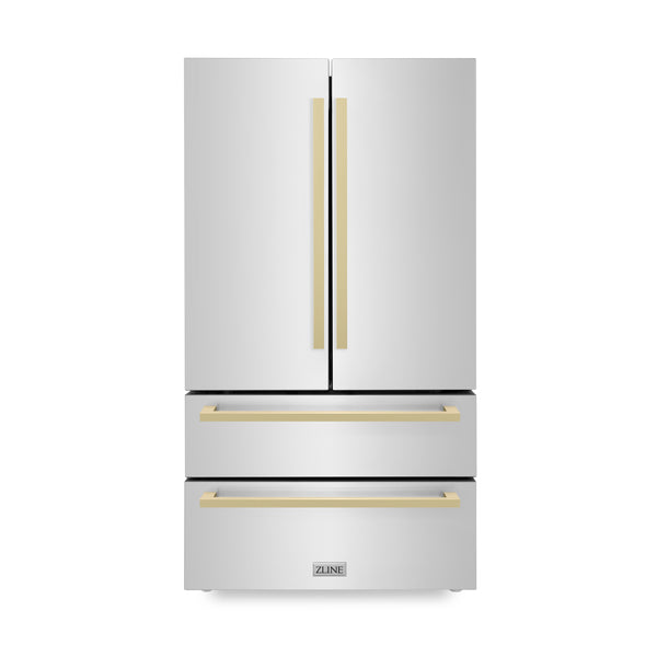 ZLINE 36 in. Autograph Edition 22.5 cu. ft 4-Door French Door Refrigerator with Ice Maker in Stainless Steel with Champagne Bronze Square Handles (RFMZ-36-FCB)