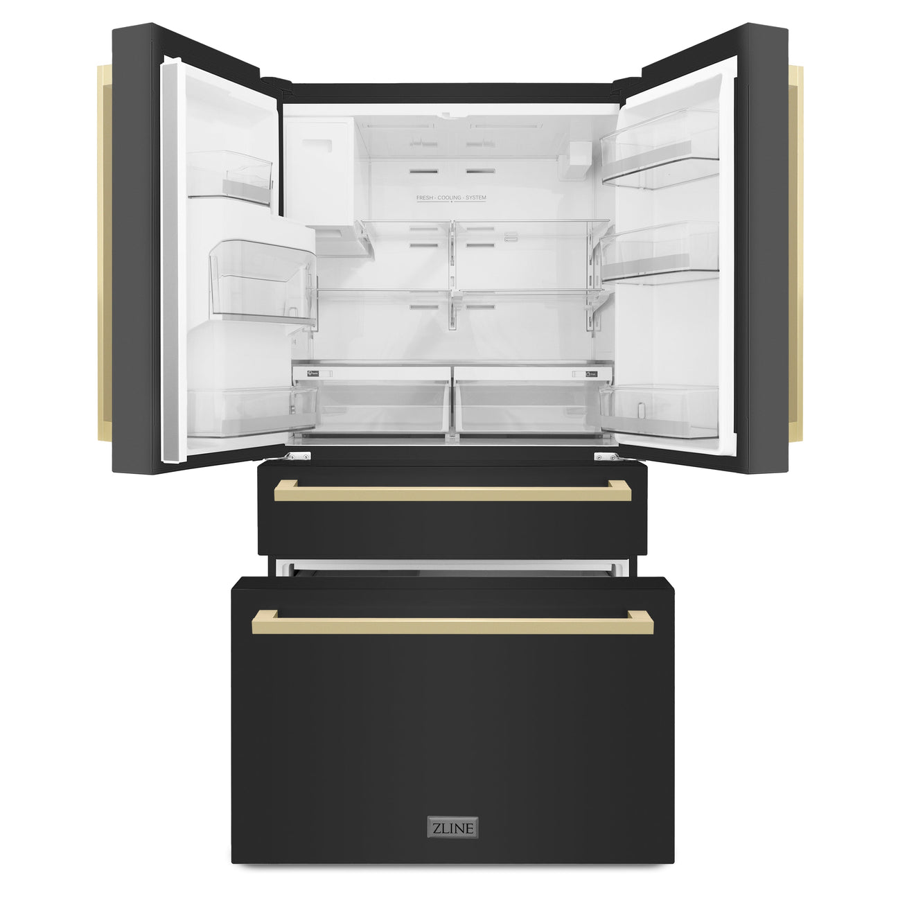 ZLINE 36 in. Autograph Edition 21.6 cu. ft 4-Door French Door Refrigerator with Water and Ice Dispenser in Black Stainless Steel with Champagne Bronze Square Handles (RFMZ-W36-BS-FCB)