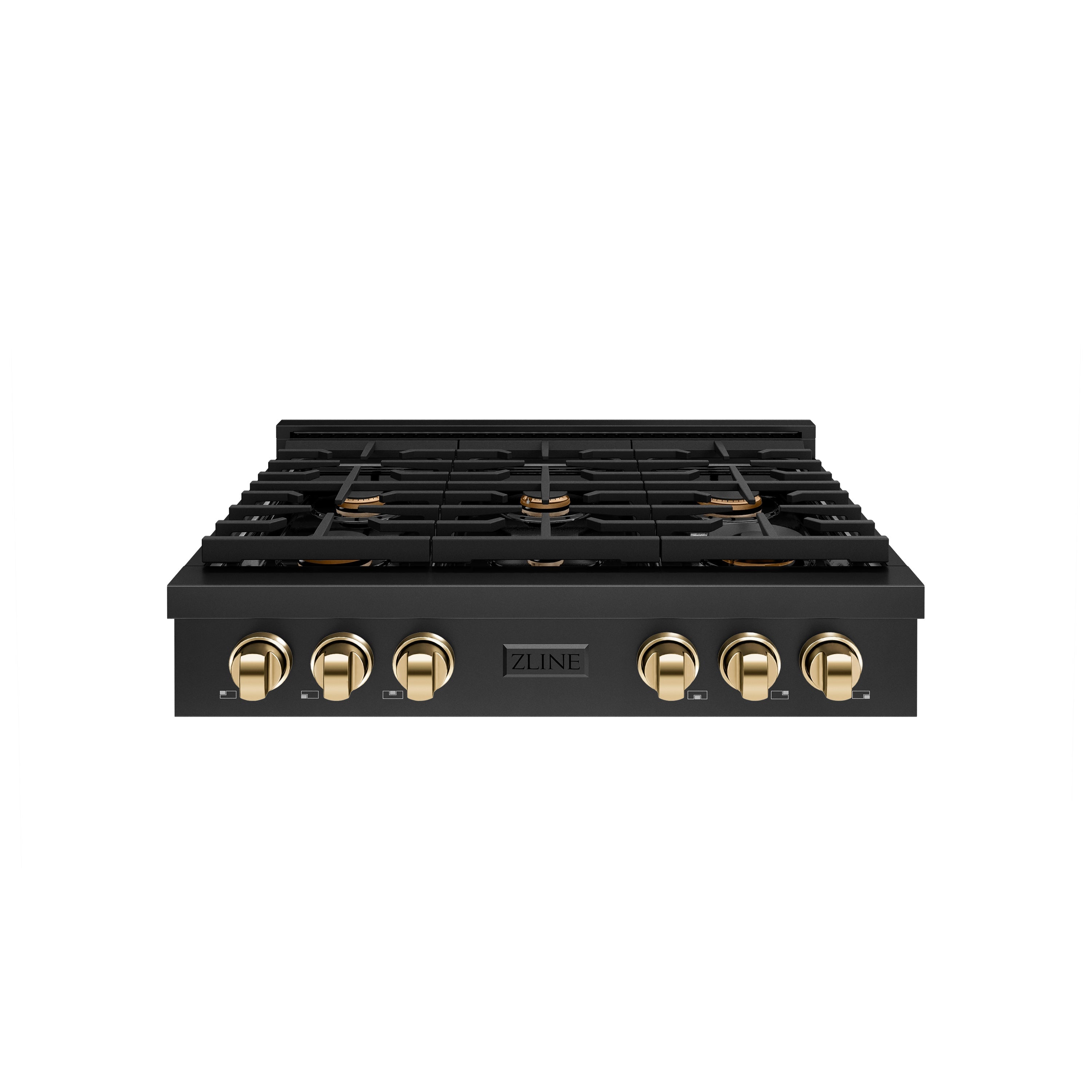 ZLINE 36 in. Autograph Edition Paramount Gas Rangetop with 6 Burners and Porcelain Cooktop in Black Stainless Steel with Polished Gold Accents (SRTBZ-36-G)