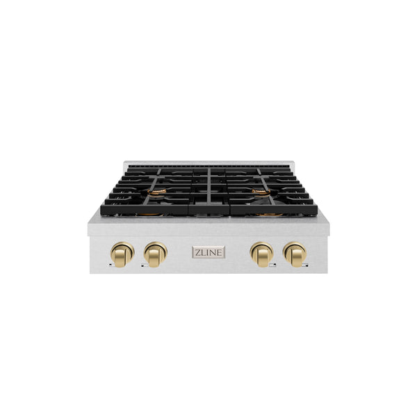 ZLINE 30 in. Autograph Edition Paramount Gas Rangetop with 4 Burners and Porcelain Cooktop in DuraSnow® Stainless Steel with Champagne Bronze Accents (SRTSZ-30-CB)