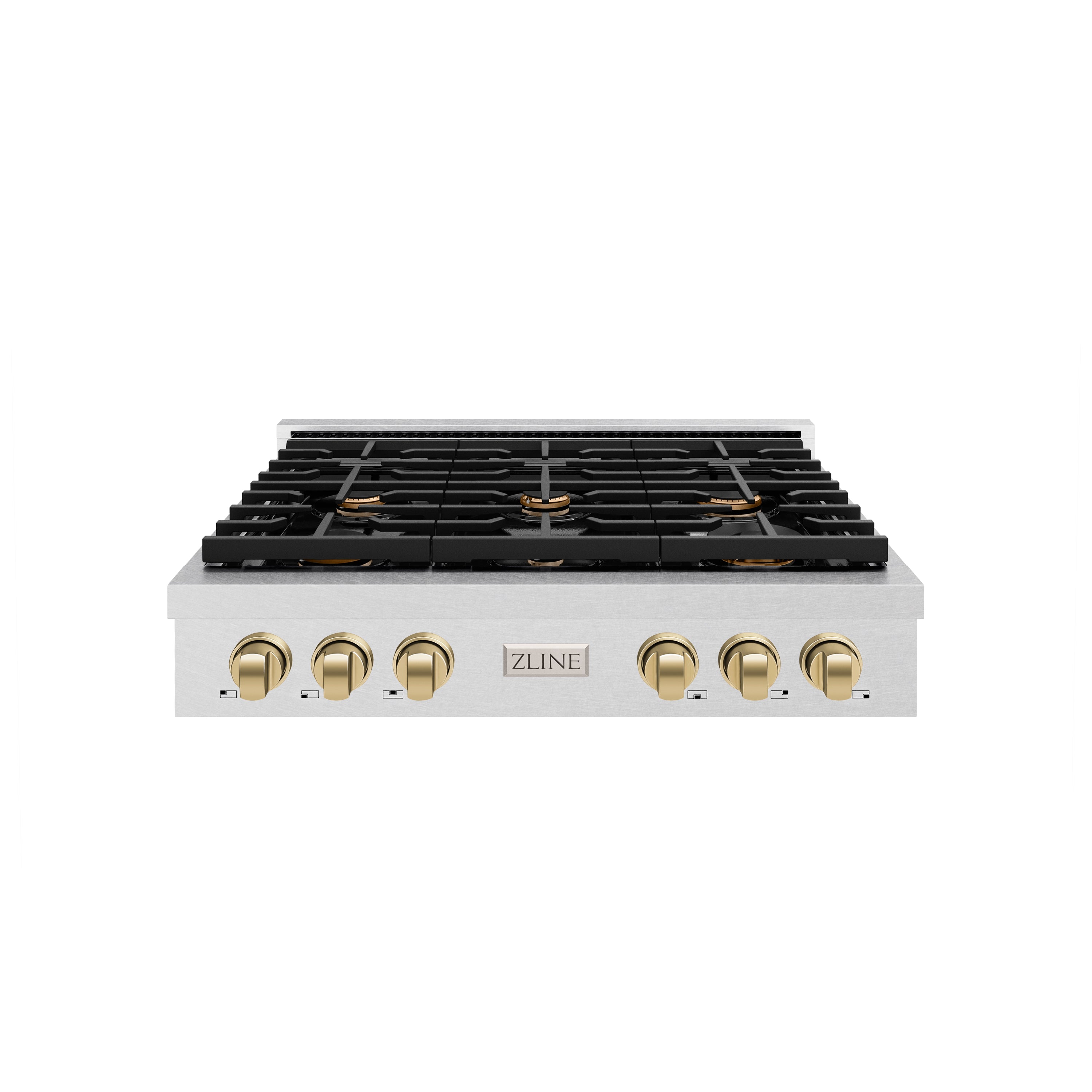 ZLINE 36 in. Autograph Edition Paramount Gas Rangetop with 6 Burners and Porcelain Cooktop in DuraSnow® Stainless Steel with Champagne Bronze Accents (SRTSZ-36-CB)