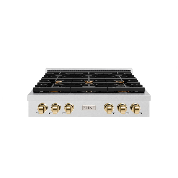 ZLINE 36 in. Autograph Edition Paramount Gas Rangetop with 6 Burners and Porcelain Cooktop in DuraSnow® Stainless Steel with Polished Gold Accents (SRTSZ-36-G)